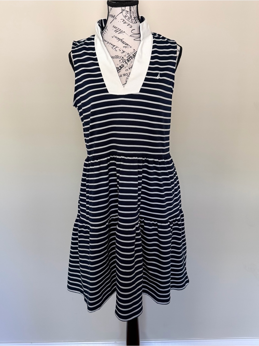 Nautica Navy and White Striped V-Neck Sleeveless Dress
